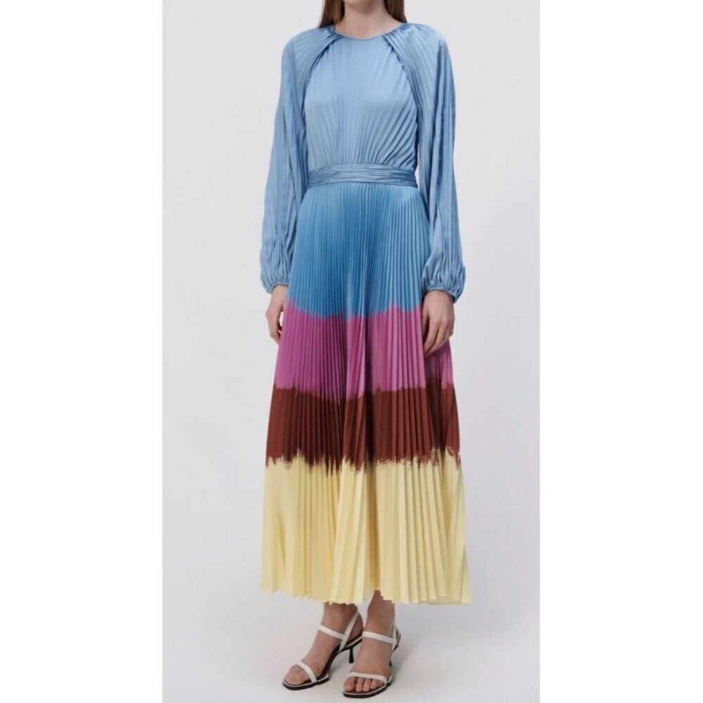 Jonathan Simkhai Sz 2 Dress Maxi Pleated Long Sleeve Midi Designer Luxury Preppy